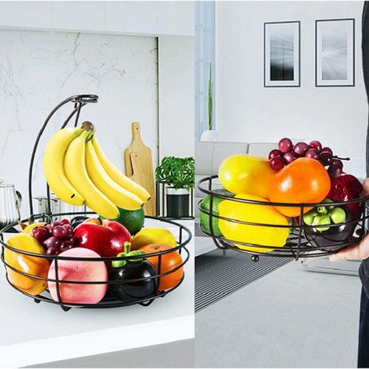 Custom 2 Tier Countertop Black Wire Fruit Vegetable Bowl Storage Basket with Banana Hanger