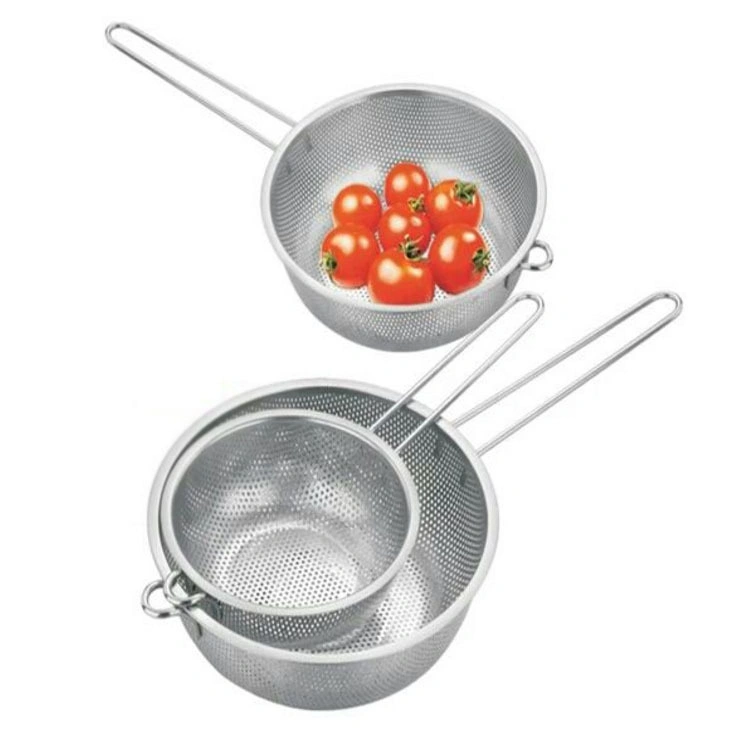 Kitchenware Stainless Steel Fruit Vegetable Rice Washing Drain Filter Strainer Wire Mesh Storage Basket with Long Handle