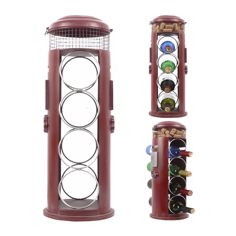 Telephone Booth Shape Iron Wine Rack with 4 Bottles Holder, Antic Red Finishing Wine Holder in Telephone Booth Shape, Metal Wine Rack