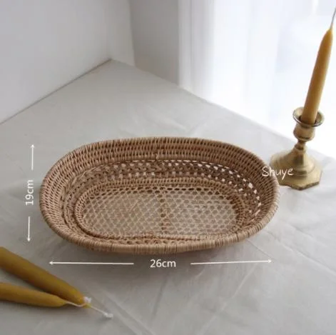 Rattan Fruit Basket Hand-Woven Tray Breakfast Bread Small Basket Fruit Tray Home Living Room Storage Basket Shooting Props